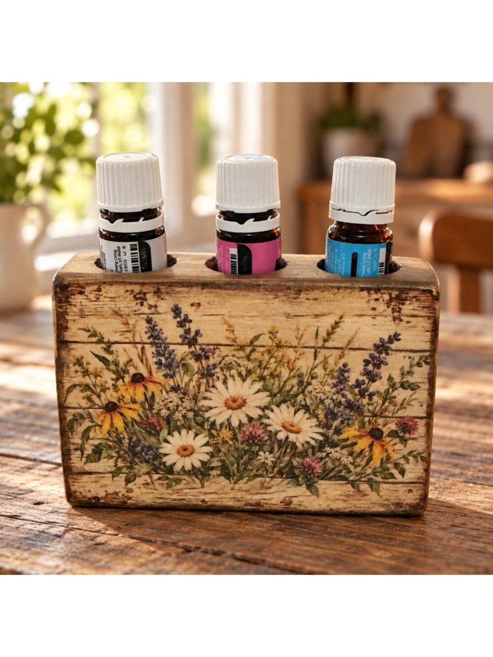 Handmade Wooden Essential Oil Holder With Floral Design Fits 5ml & 10ml Bottles